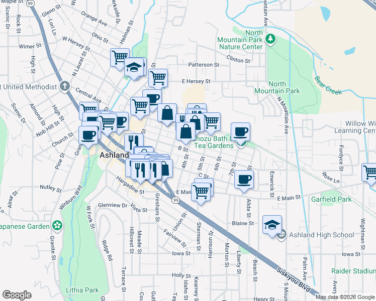 map of restaurants, bars, coffee shops, grocery stores, and more near B Street in Ashland