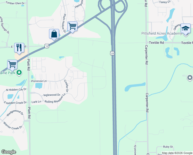 map of restaurants, bars, coffee shops, grocery stores, and more near 3488 Primrose Lane in Ypsilanti