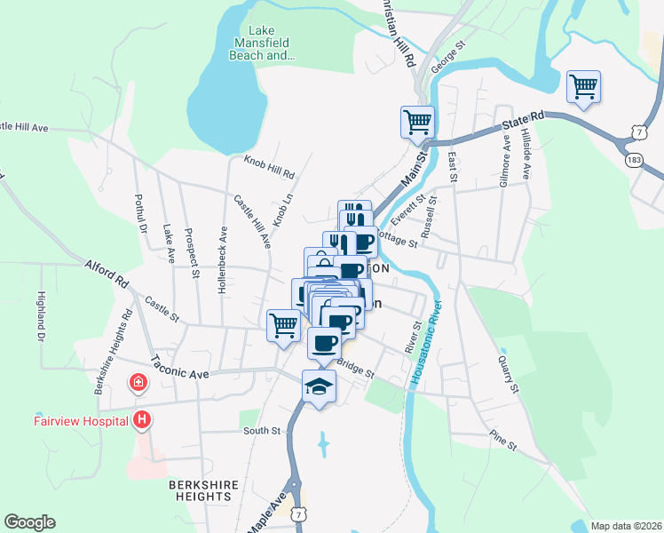 map of restaurants, bars, coffee shops, grocery stores, and more near 21 Elm Court in Great Barrington