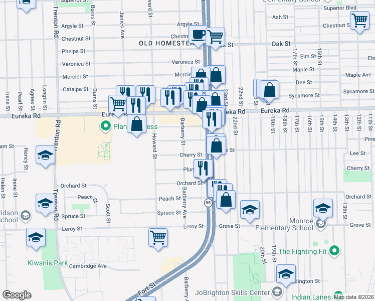 map of restaurants, bars, coffee shops, grocery stores, and more near 13013 Cherry Street in Southgate
