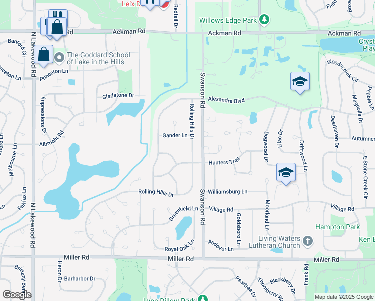 map of restaurants, bars, coffee shops, grocery stores, and more near 1593 Grouse Way in Crystal Lake