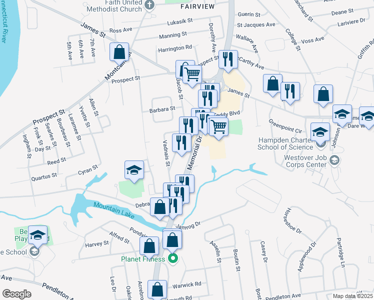 map of restaurants, bars, coffee shops, grocery stores, and more near 1423 Memorial Drive in Chicopee