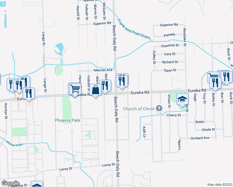 map of restaurants, bars, coffee shops, grocery stores, and more near Eureka Rd & Beech Daly Rd in Taylor