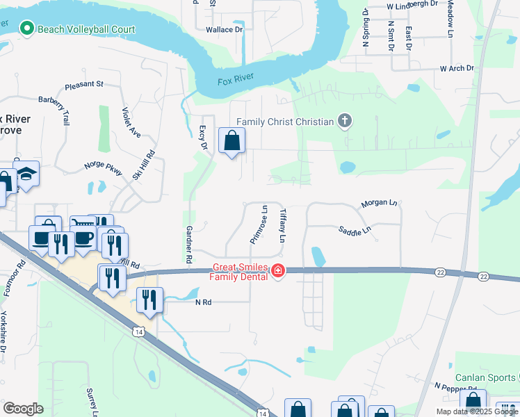 map of restaurants, bars, coffee shops, grocery stores, and more near 9162 Primrose Lane in Fox River Grove