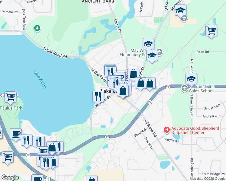 map of restaurants, bars, coffee shops, grocery stores, and more near in Lake Zurich