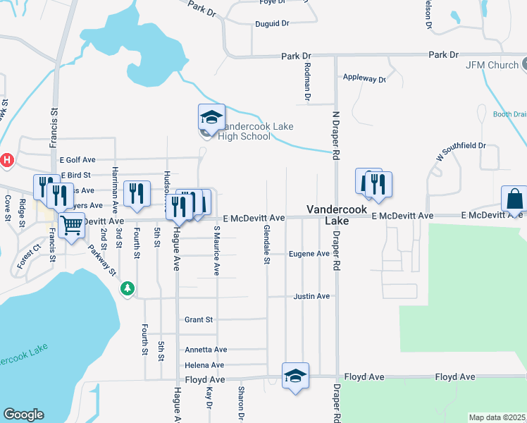 map of restaurants, bars, coffee shops, grocery stores, and more near 955 East McDevitt Avenue in Jackson