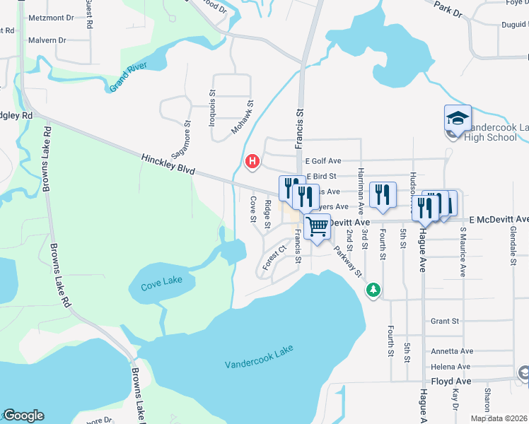 map of restaurants, bars, coffee shops, grocery stores, and more near 108 Ridge Street in Jackson