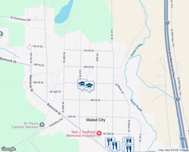 map of restaurants, bars, coffee shops, grocery stores, and more near 525 200 West in Malad City