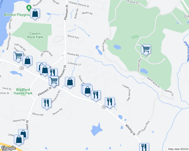 map of restaurants, bars, coffee shops, grocery stores, and more near 90 Queen Anne Drive in Weymouth