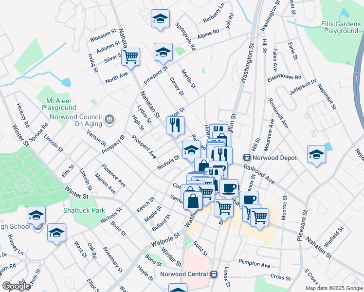map of restaurants, bars, coffee shops, grocery stores, and more near 265 Nahatan Street in Norwood