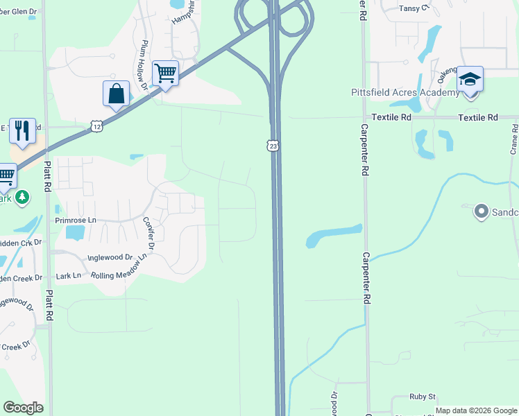 map of restaurants, bars, coffee shops, grocery stores, and more near 3488 Primrose Lane in Ypsilanti
