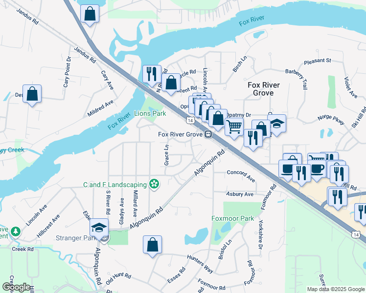 map of restaurants, bars, coffee shops, grocery stores, and more near 500 Lincoln Avenue in Fox River Grove
