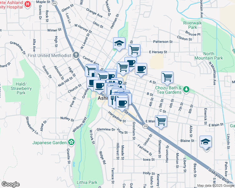 map of restaurants, bars, coffee shops, grocery stores, and more near 175 Lithia Way in Ashland