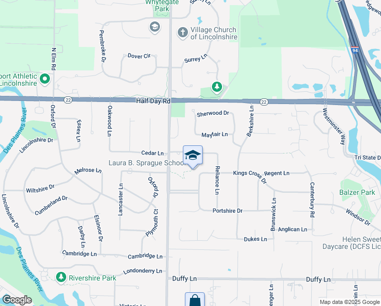 map of restaurants, bars, coffee shops, grocery stores, and more near Cornell Drive in Lincolnshire
