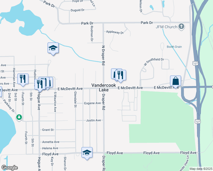 map of restaurants, bars, coffee shops, grocery stores, and more near 1238 East McDevitt Avenue in Jackson