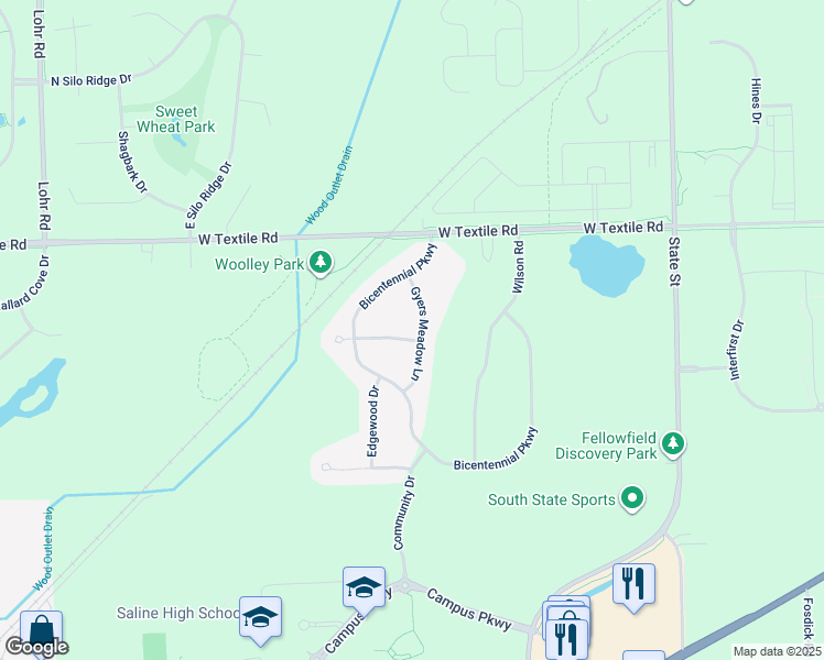 map of restaurants, bars, coffee shops, grocery stores, and more near 6222 Gyers Meadow Lane in Ann Arbor