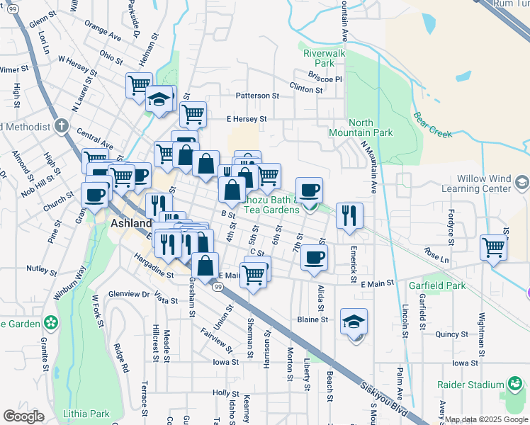 map of restaurants, bars, coffee shops, grocery stores, and more near 248 5th Street in Ashland