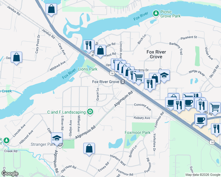 map of restaurants, bars, coffee shops, grocery stores, and more near 422 Lincoln Avenue in Fox River Grove
