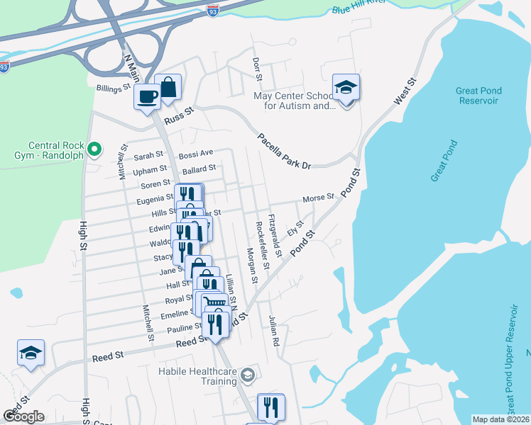 map of restaurants, bars, coffee shops, grocery stores, and more near 4 Ryan Street in Randolph