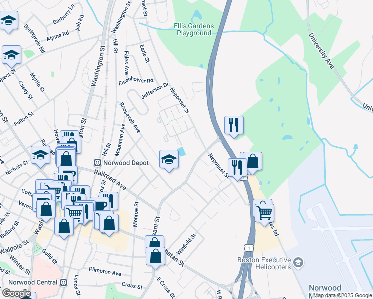 map of restaurants, bars, coffee shops, grocery stores, and more near 43 Pleasant Street in Norwood