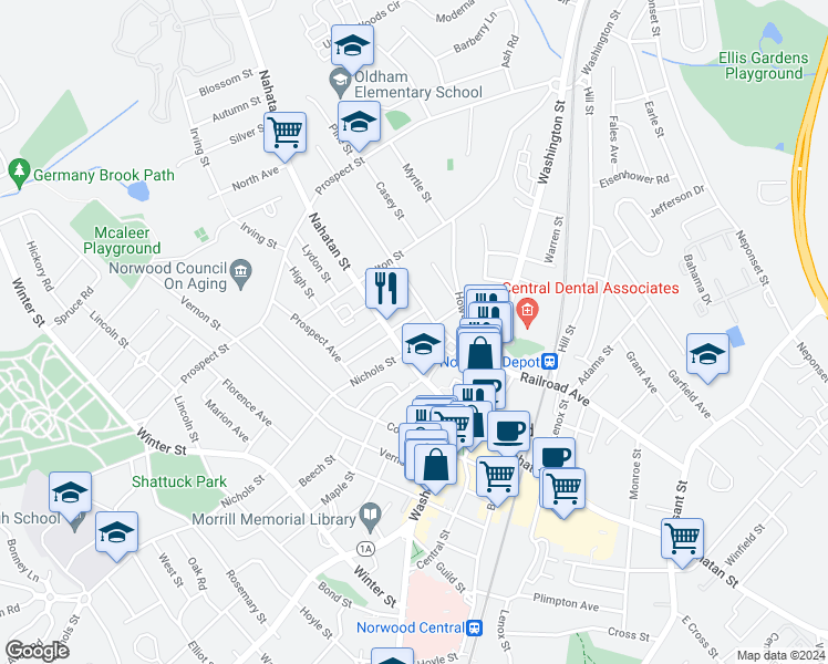 map of restaurants, bars, coffee shops, grocery stores, and more near 265 Nahatan Street in Norwood