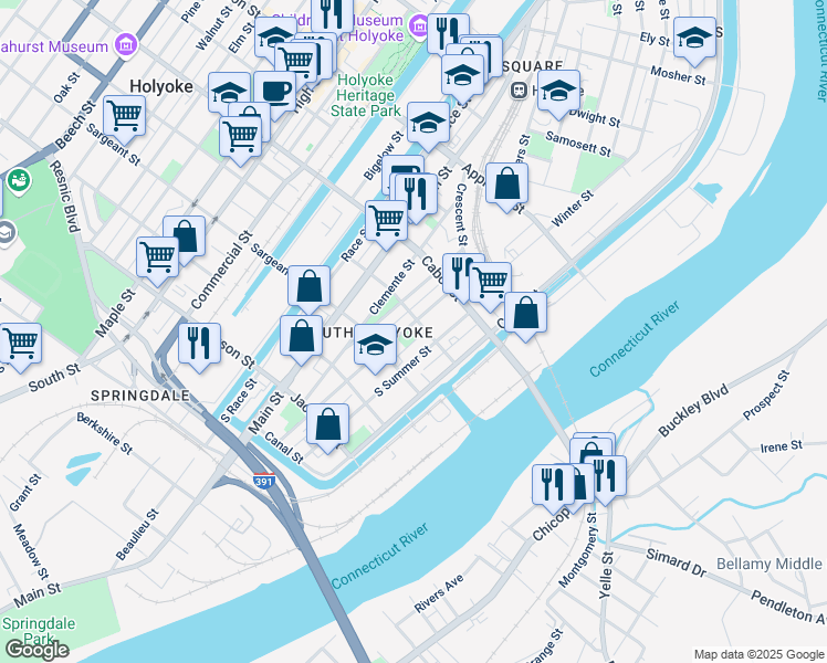 map of restaurants, bars, coffee shops, grocery stores, and more near 554 South Summer Street in Holyoke