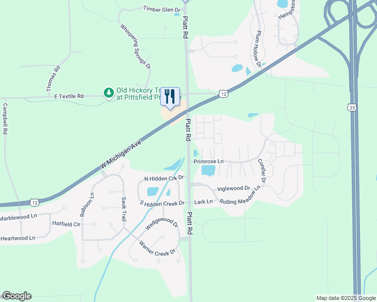 map of restaurants, bars, coffee shops, grocery stores, and more near 6391 Platt Road in Ypsilanti