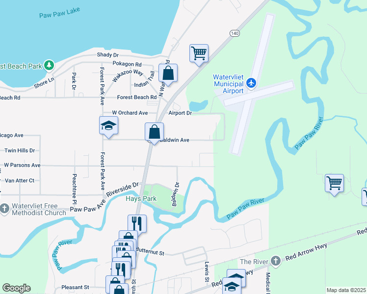 map of restaurants, bars, coffee shops, grocery stores, and more near 409 East Parsons Street in Watervliet