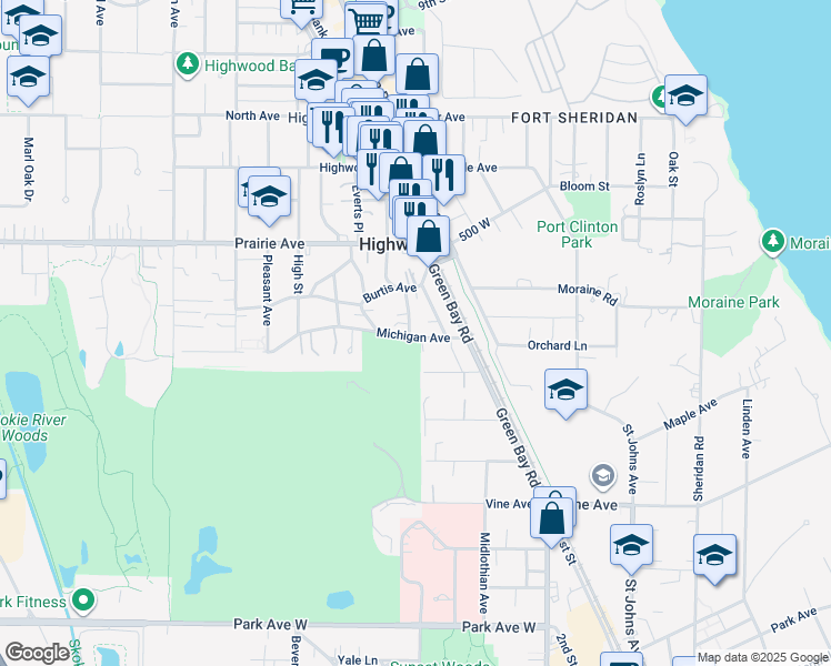 map of restaurants, bars, coffee shops, grocery stores, and more near 587 Chicago Avenue in Highland Park