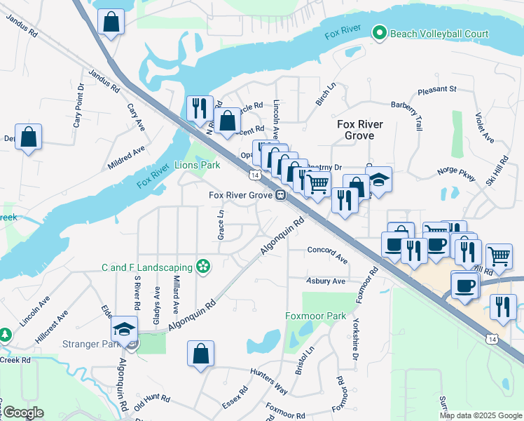map of restaurants, bars, coffee shops, grocery stores, and more near 500 Lincoln Avenue in Fox River Grove