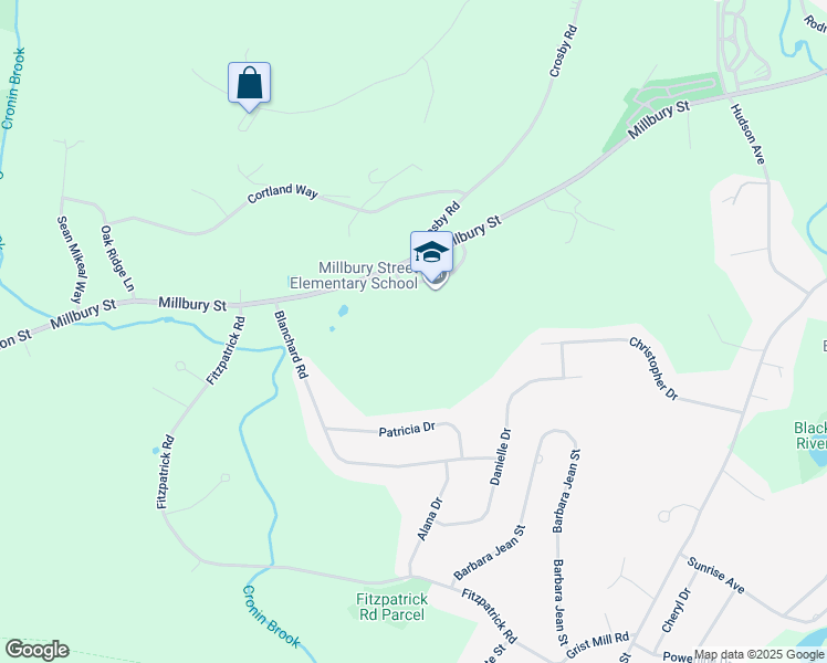 map of restaurants, bars, coffee shops, grocery stores, and more near 105 Millbury Street in Grafton