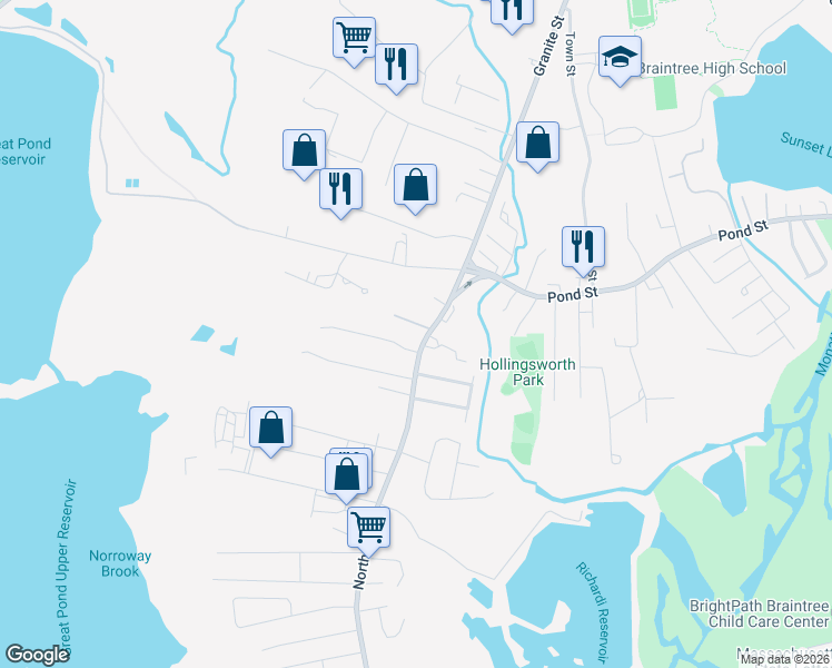 map of restaurants, bars, coffee shops, grocery stores, and more near 483 Pond Street in Braintree