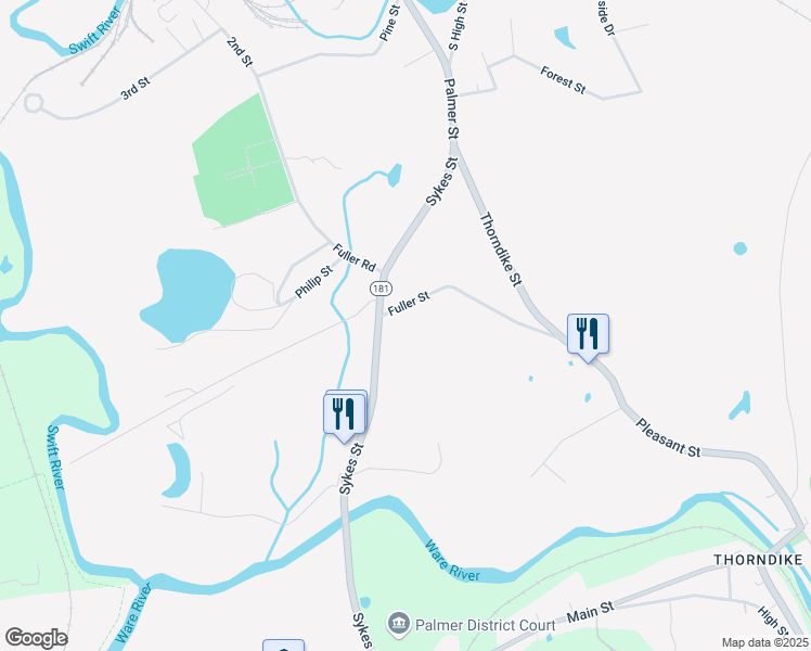 map of restaurants, bars, coffee shops, grocery stores, and more near 24 Fuller Street in Palmer