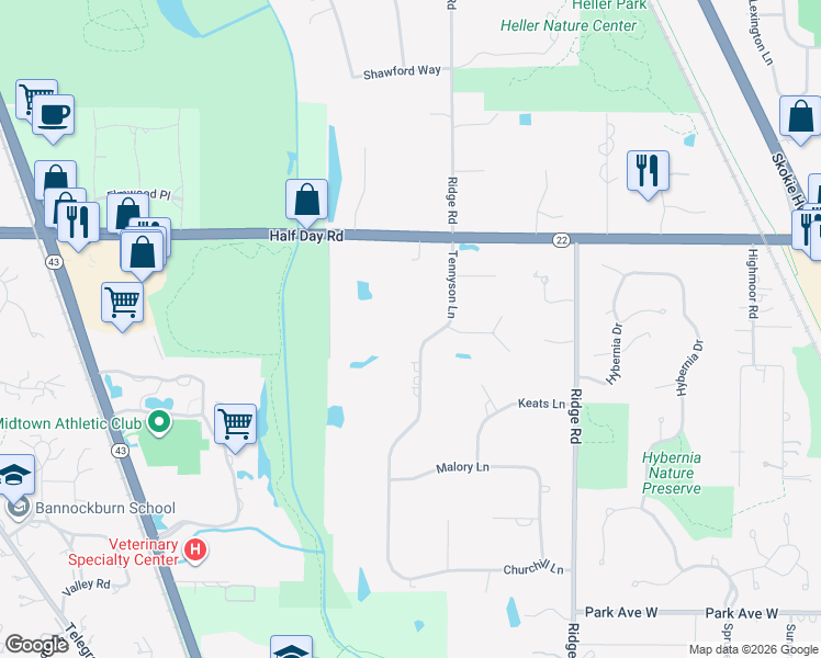 map of restaurants, bars, coffee shops, grocery stores, and more near 2400 Tennyson Lane in Highland Park