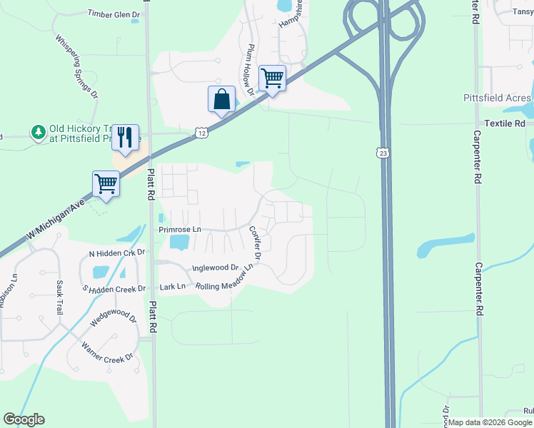 map of restaurants, bars, coffee shops, grocery stores, and more near 3332 Primrose Lane in Ypsilanti