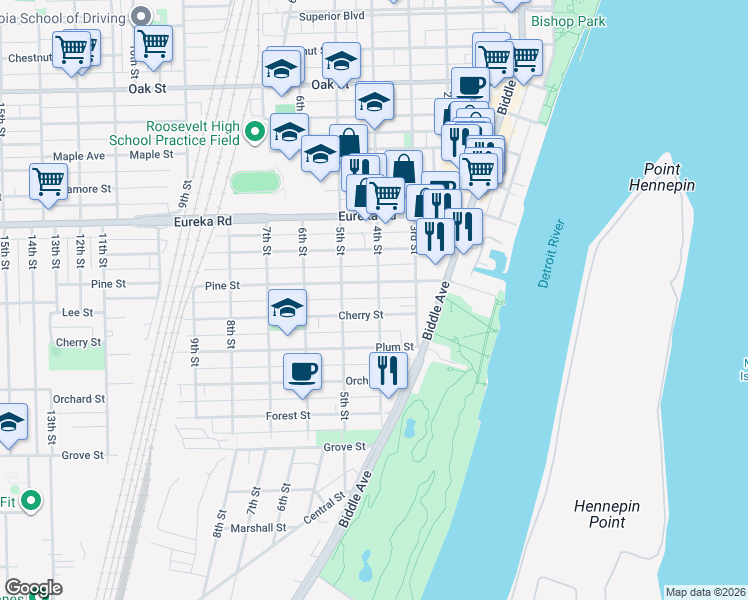 map of restaurants, bars, coffee shops, grocery stores, and more near 445 Cherry Street in Wyandotte