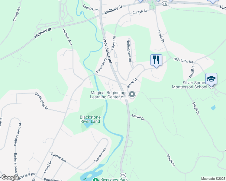 map of restaurants, bars, coffee shops, grocery stores, and more near 13 Pullard Road in Grafton