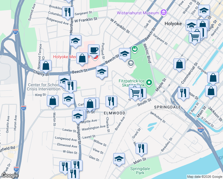 map of restaurants, bars, coffee shops, grocery stores, and more near 60 Chapin Street in Holyoke