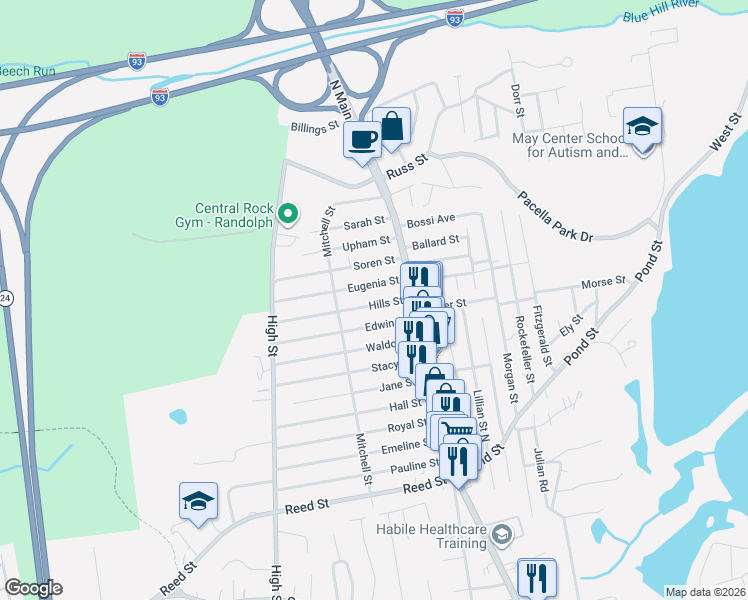 map of restaurants, bars, coffee shops, grocery stores, and more near 17 Hills Street in Randolph
