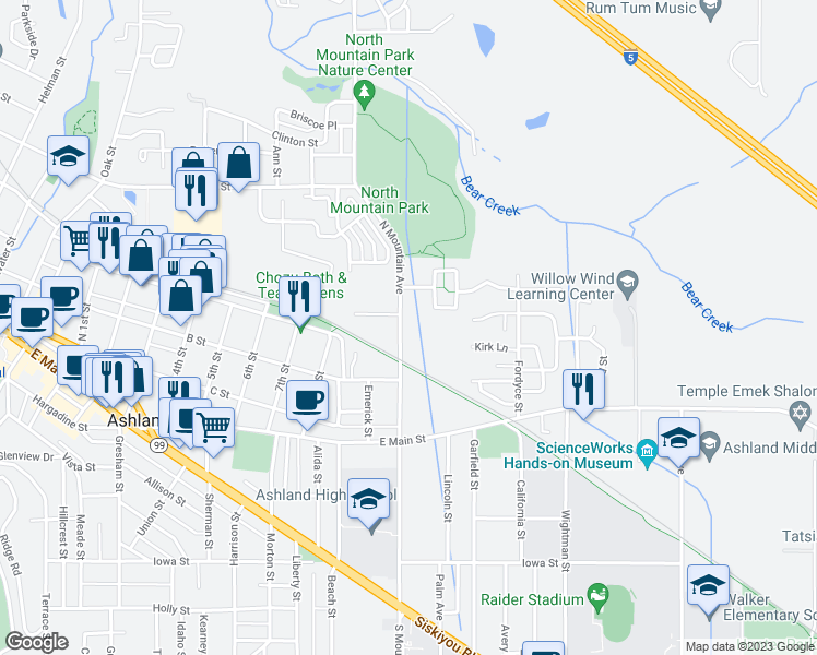 map of restaurants, bars, coffee shops, grocery stores, and more near 192 North Mountain Avenue in Ashland
