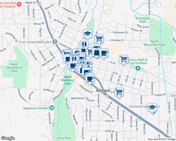 map of restaurants, bars, coffee shops, grocery stores, and more near 175 Lithia Way in Ashland