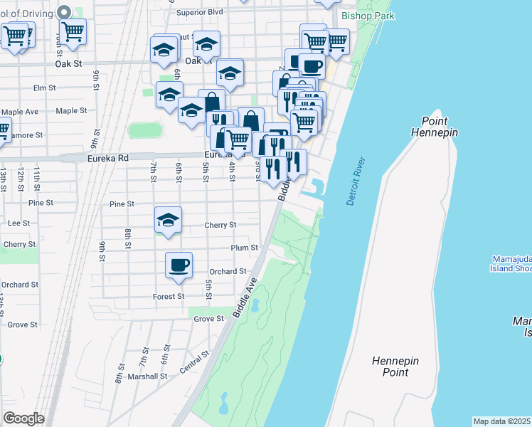 map of restaurants, bars, coffee shops, grocery stores, and more near 3460 Biddle Avenue in Wyandotte