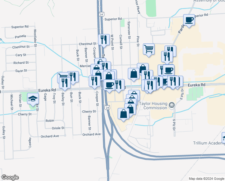 map of restaurants, bars, coffee shops, grocery stores, and more near 23940 Eureka Road in Taylor