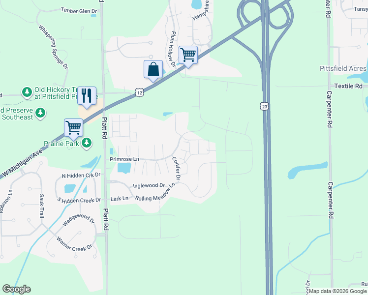 map of restaurants, bars, coffee shops, grocery stores, and more near 3283 Primrose Lane in Ypsilanti