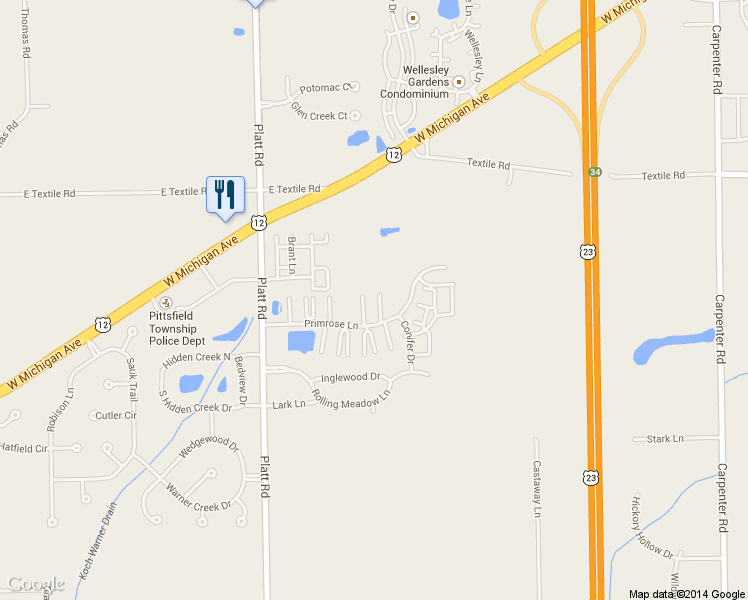 map of restaurants, bars, coffee shops, grocery stores, and more near 3251 Primrose Lane in Ypsilanti