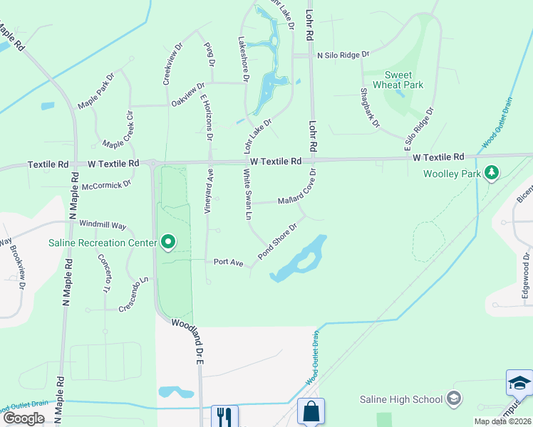 map of restaurants, bars, coffee shops, grocery stores, and more near 1632 Mallard Cove Drive in Ann Arbor