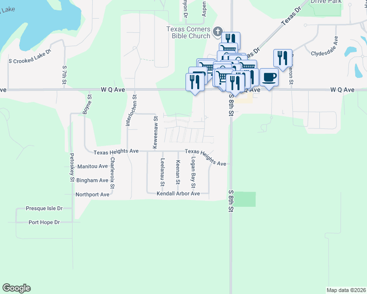map of restaurants, bars, coffee shops, grocery stores, and more near 7214 Texas Heights Avenue in Kalamazoo
