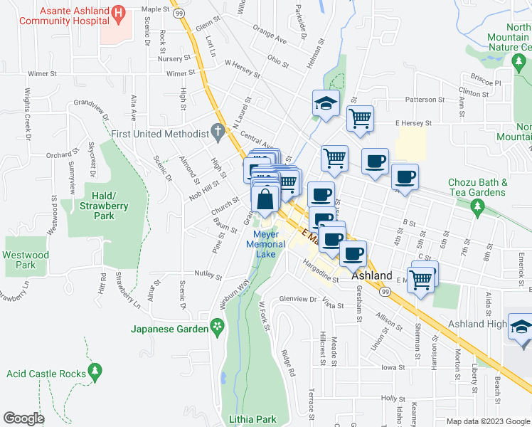 map of restaurants, bars, coffee shops, grocery stores, and more near 31 N Main St in Ashland