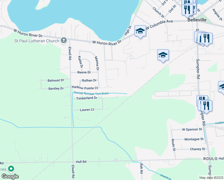 map of restaurants, bars, coffee shops, grocery stores, and more near 525 Harbour Pointe Drive in Belleville