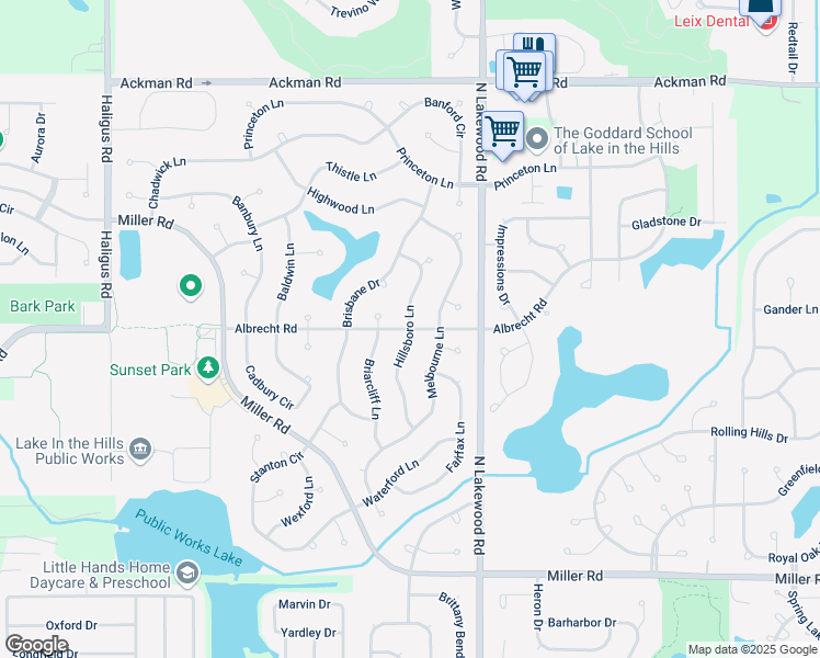 map of restaurants, bars, coffee shops, grocery stores, and more near Albrecht Rd & Hillsboro Ln in Lake in the Hills
